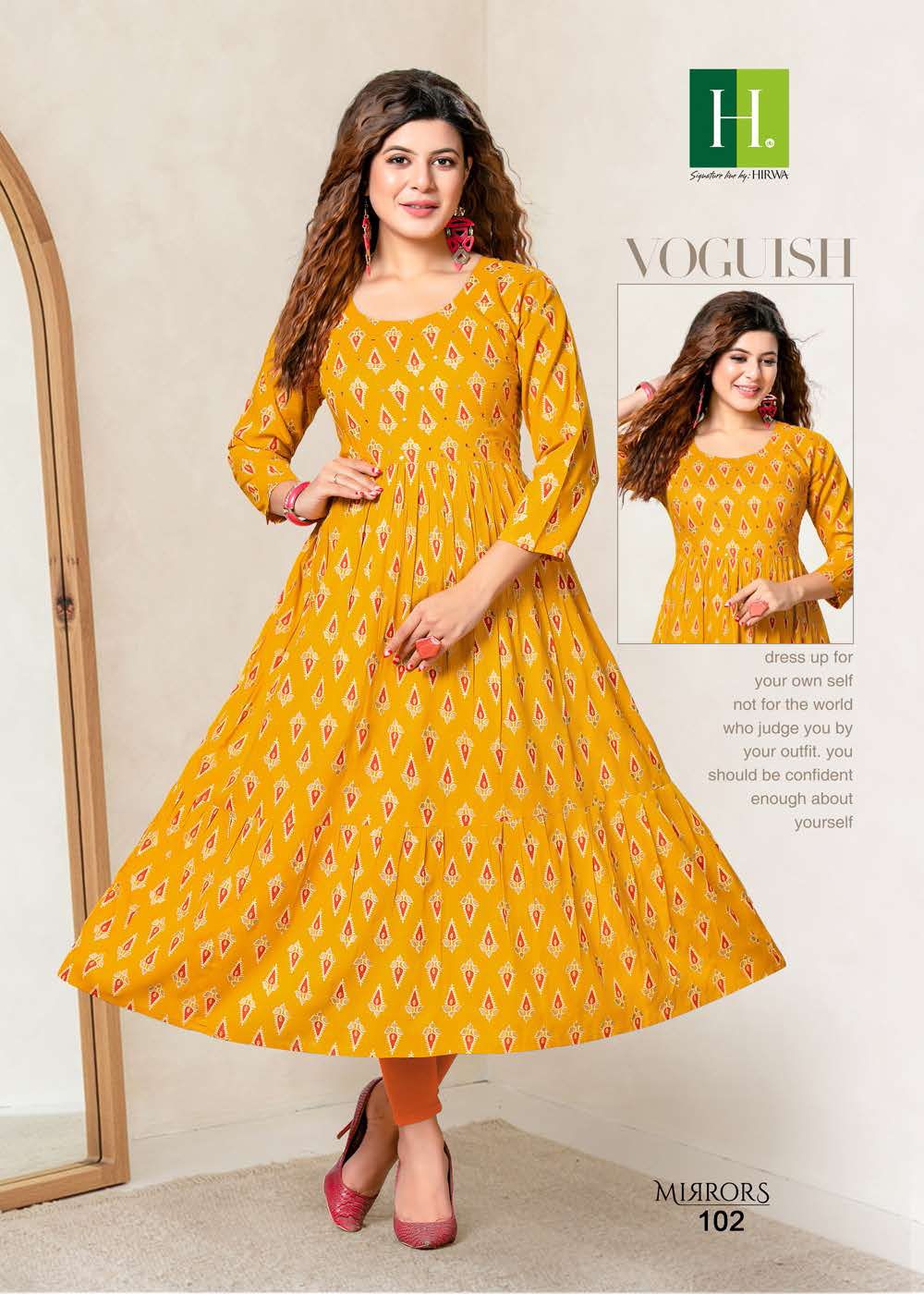 Hirwa Mirrors Heavy Rayon Printed Ethnic Wear Anarkali Kurti Collection